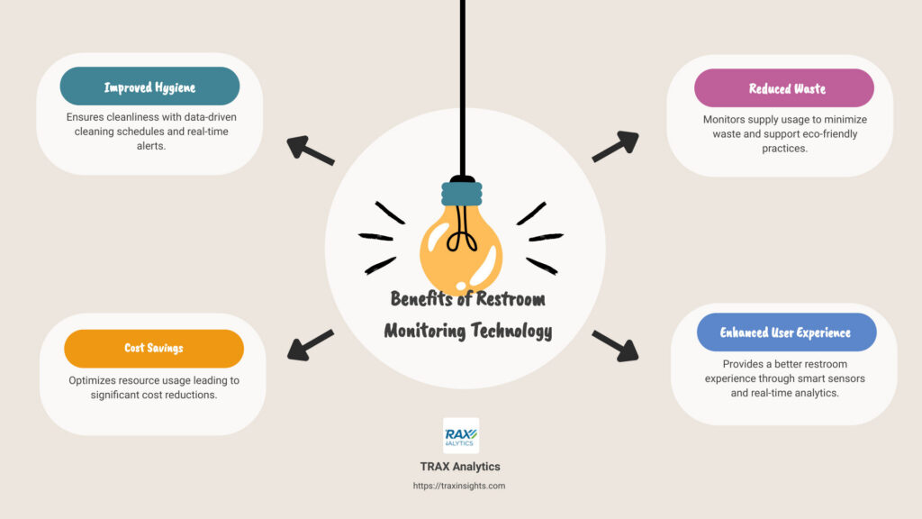 Infographic showcasing the benefits of Restroom Monitoring Technology: Improved hygiene, Cost savings, Reduced waste, Enhanced user experience - Restroom Monitoring Technology infographic brainstorm-4-items